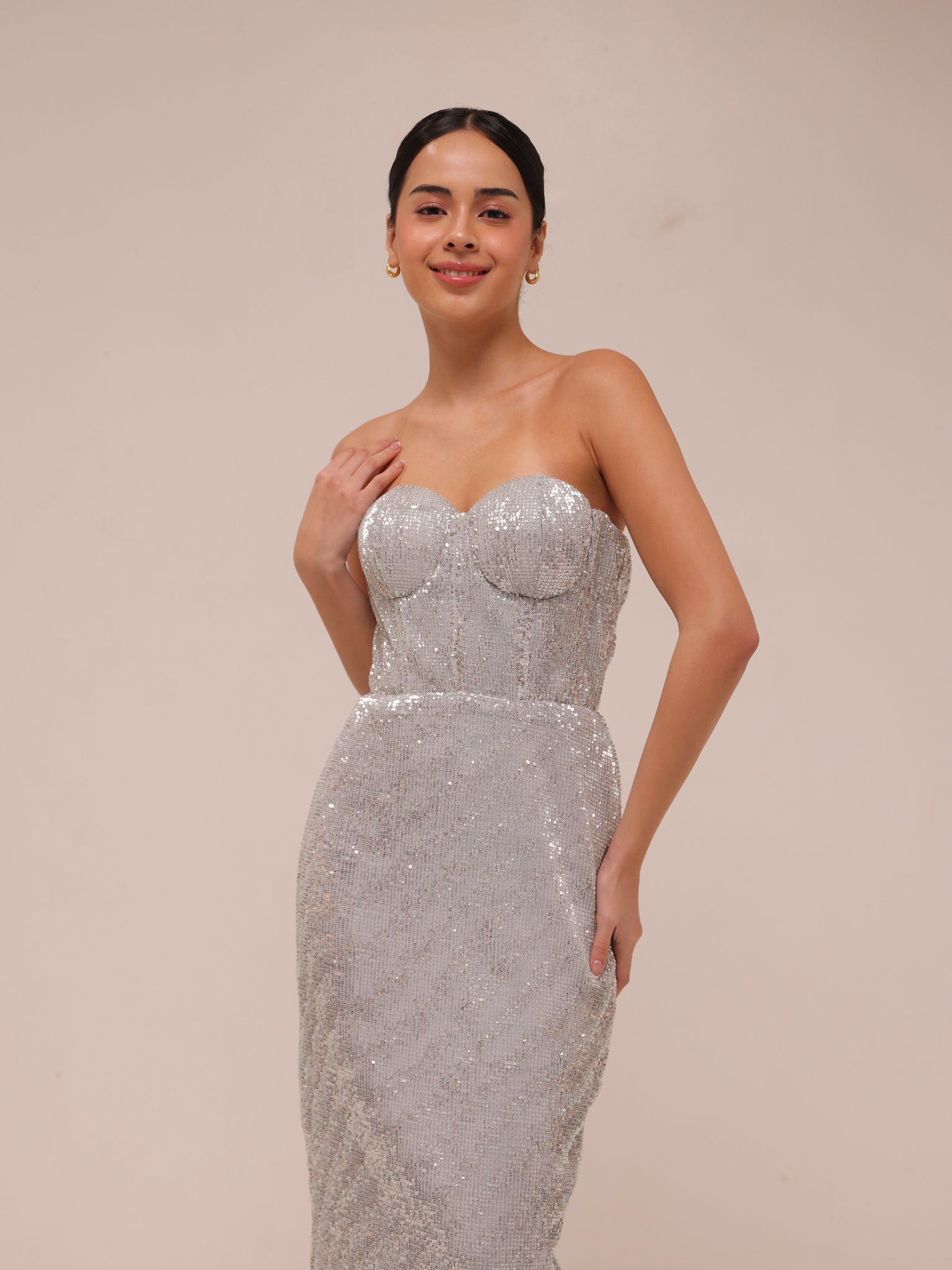 Silver Sequin Strapless Midi Dress