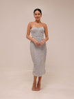 Silver Sequin Strapless Midi Dress