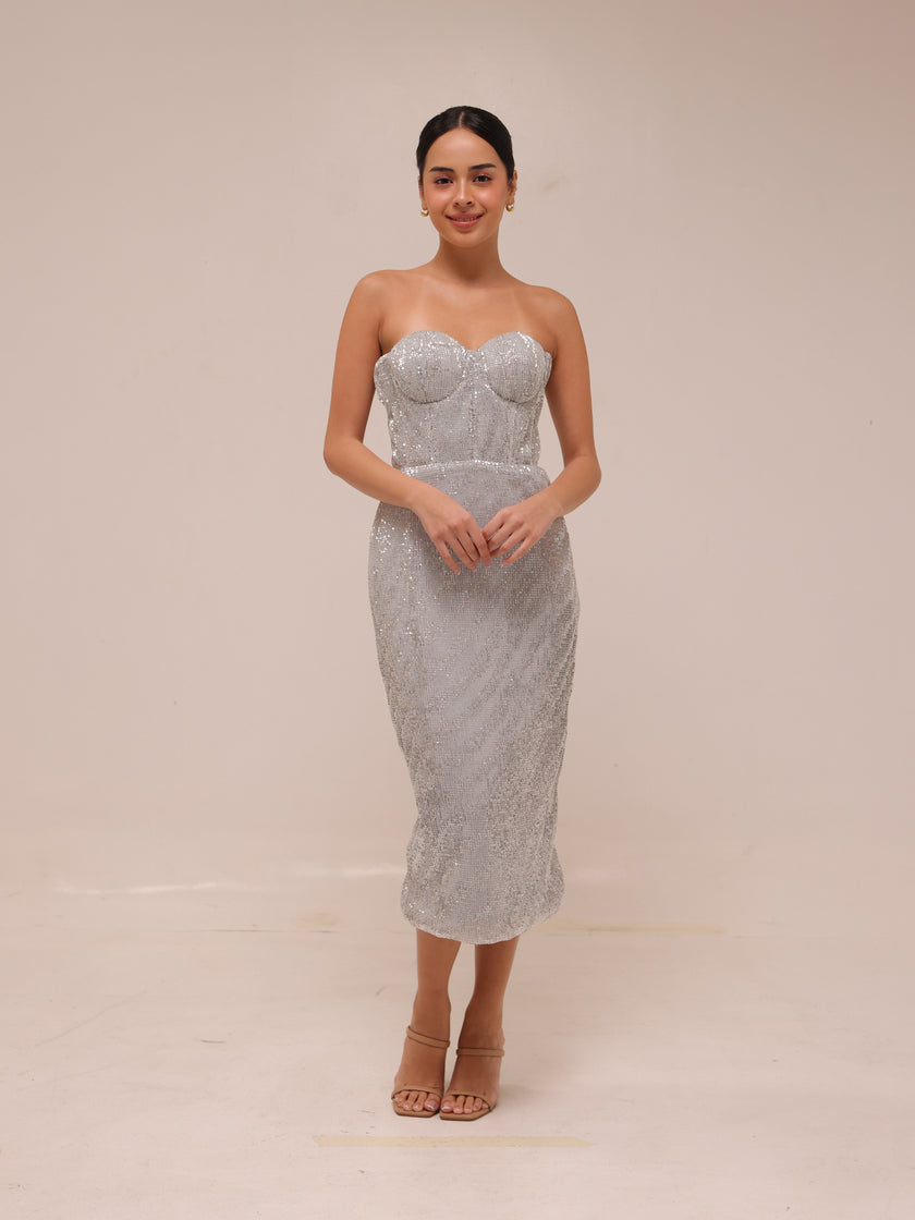 Silver Sequin Strapless Midi Dress