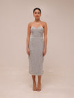 Silver Sequin Strapless Midi Dress