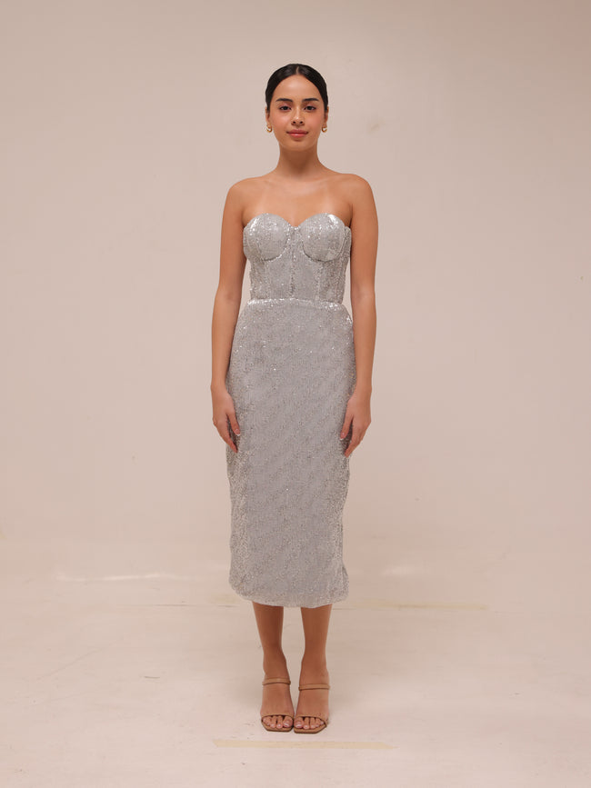 Silver Sequin Strapless Midi Dress