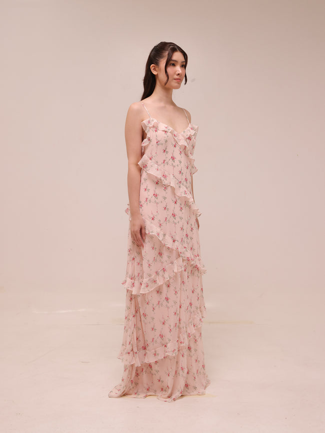Coquette Floral Ruffle Slip Maxi Dress