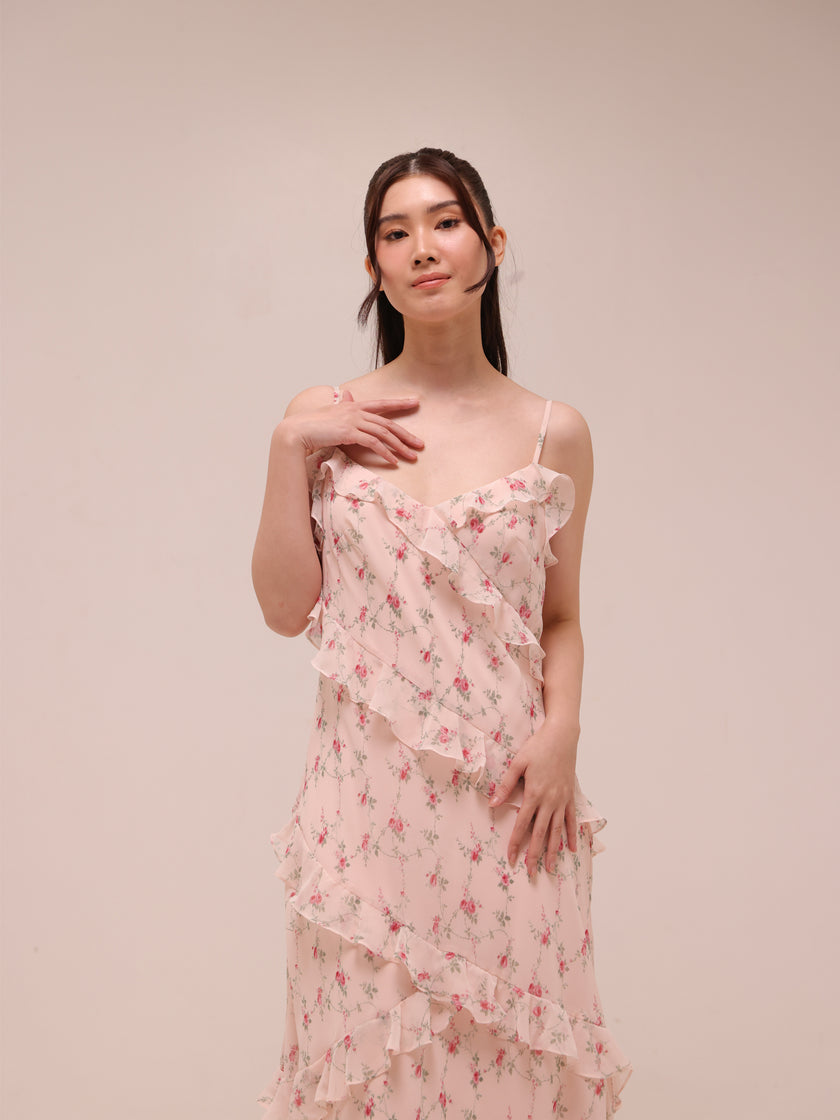 Coquette Floral Ruffle Slip Maxi Dress