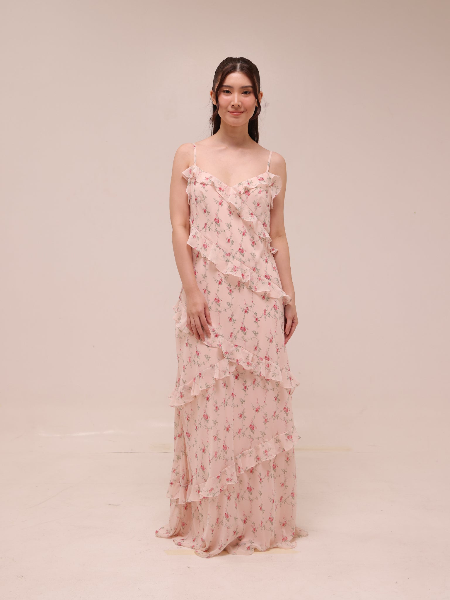 Coquette Floral Ruffle Slip Maxi Dress
