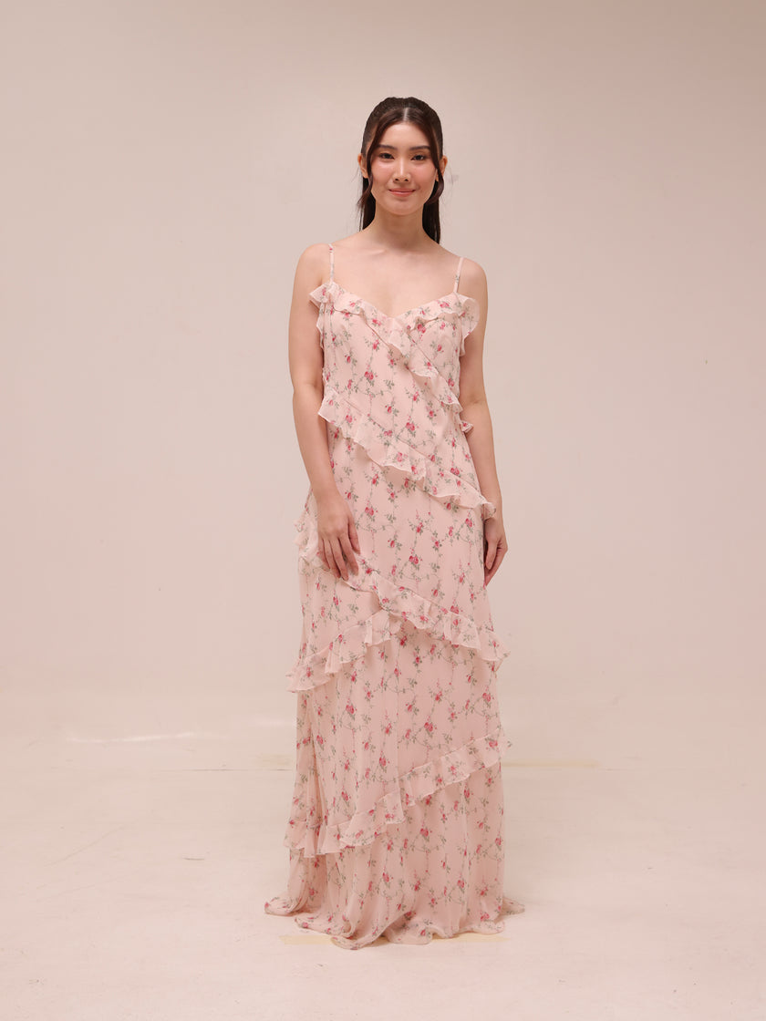 Coquette Floral Ruffle Slip Maxi Dress