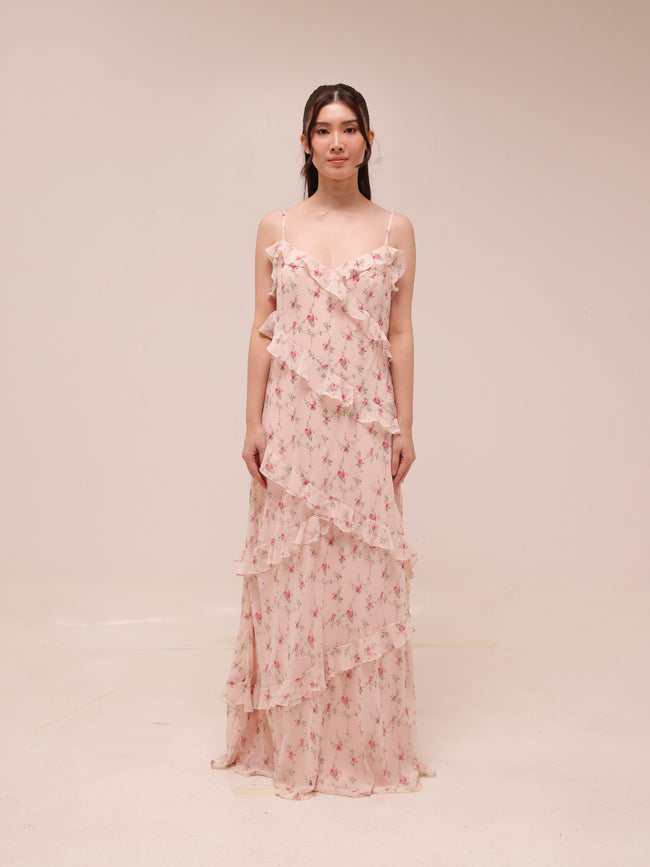 Coquette Floral Ruffle Slip Maxi Dress