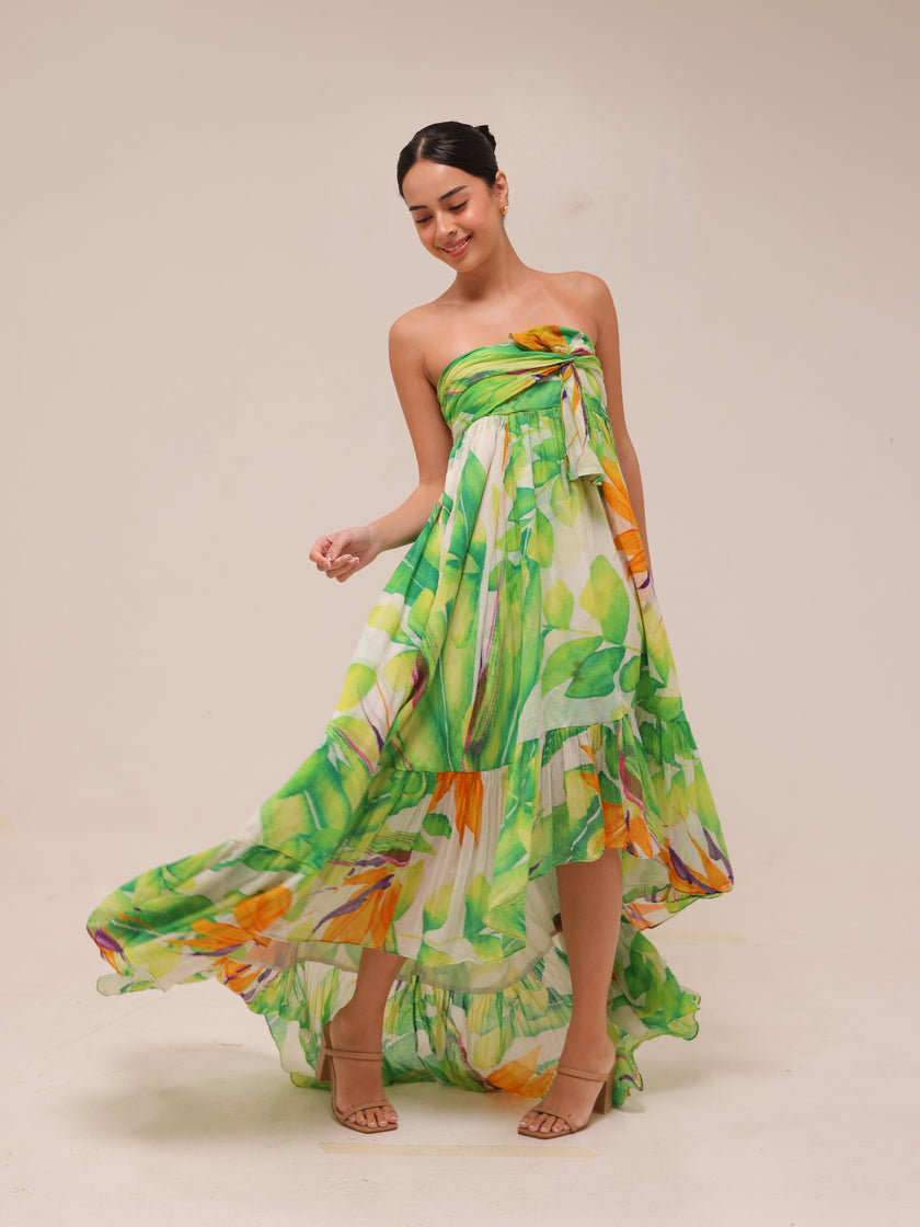 Tropical Print Silk Maxi Dress