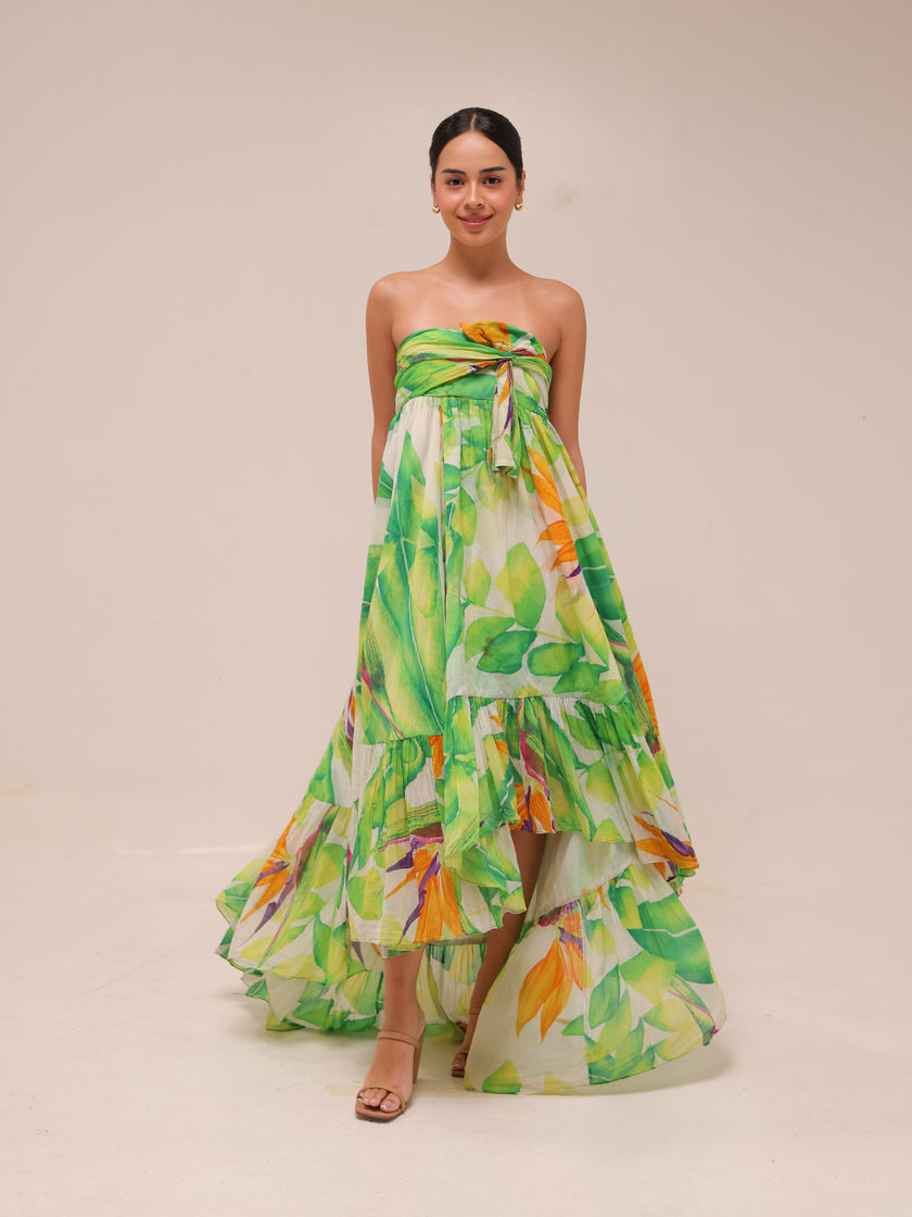 Tropical Print Silk Maxi Dress