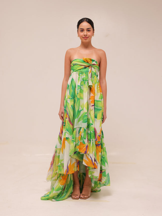 Tropical Print Silk Maxi Dress