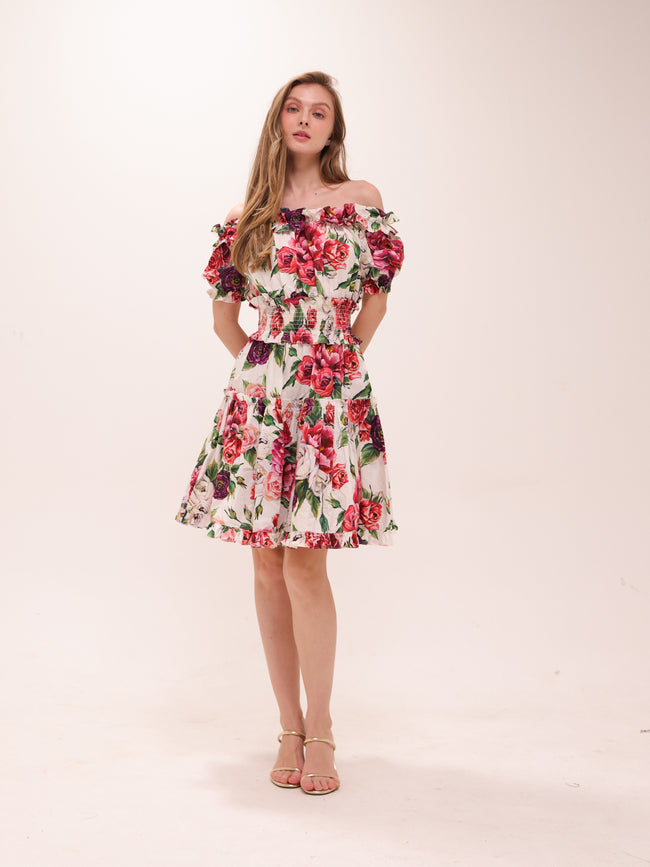 White Floral Off-Shoulder Ruffled Dress