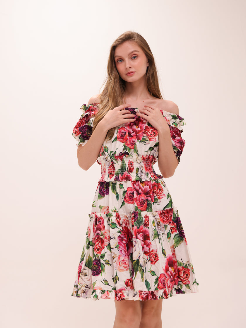 White Floral Off-Shoulder Ruffled Dress