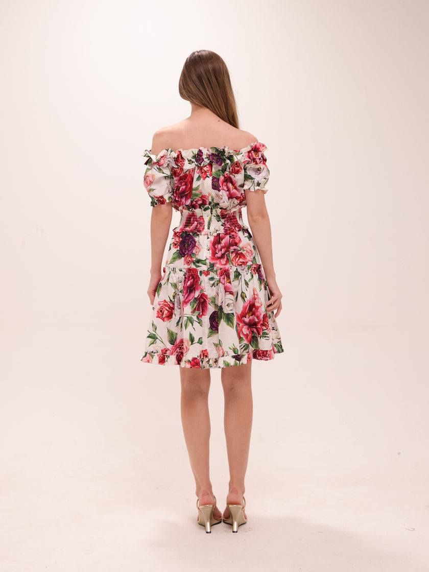 White Floral Off-Shoulder Ruffled Dress