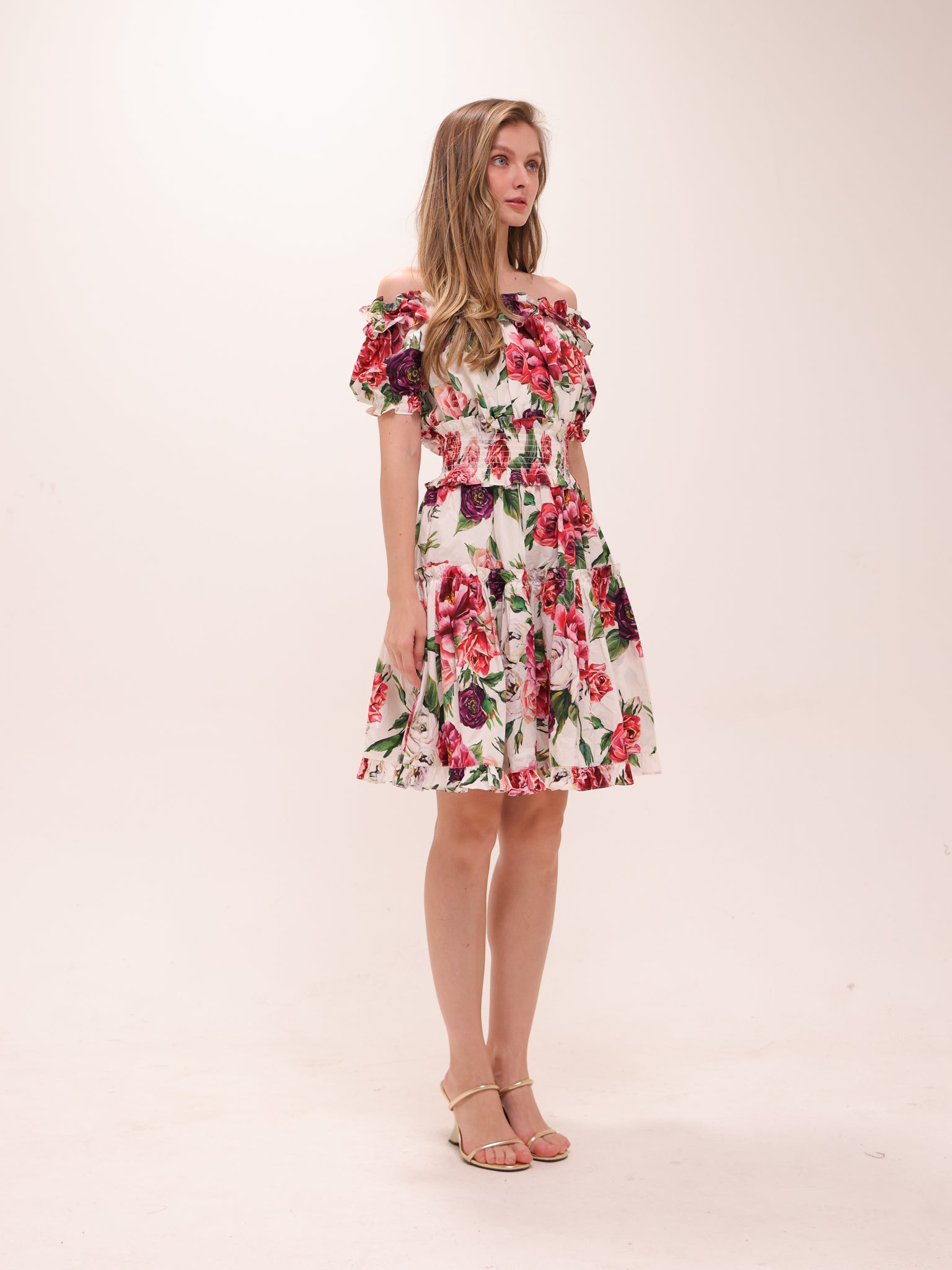 White Floral Off-Shoulder Ruffled Dress