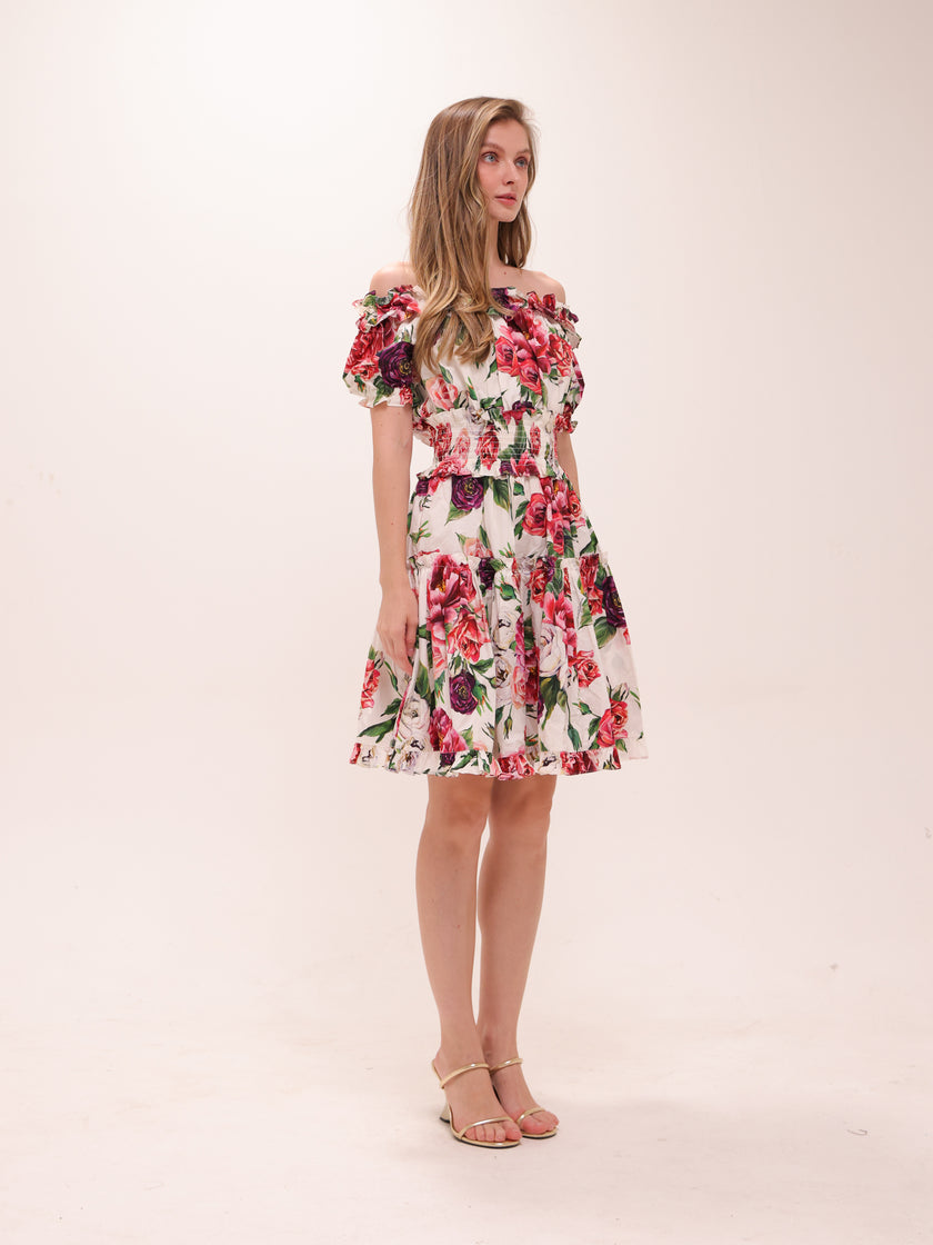 White Floral Off-Shoulder Ruffled Dress