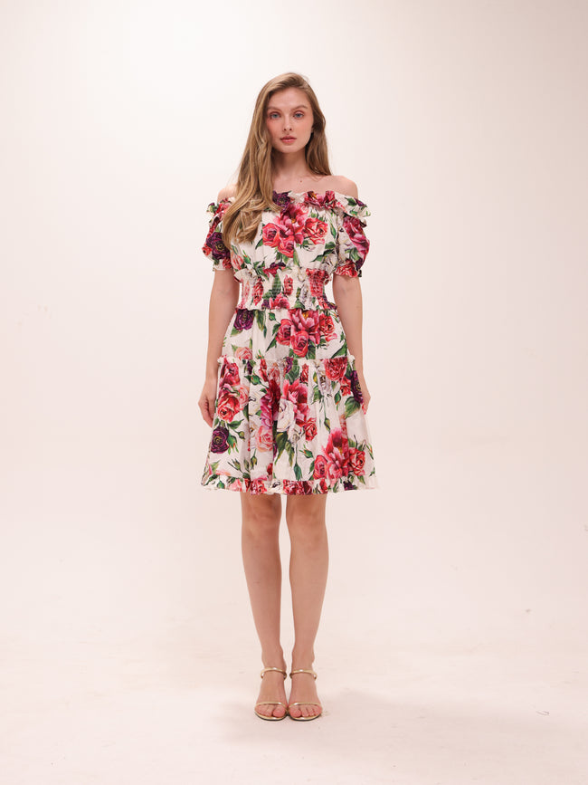 White Floral Off-Shoulder Ruffled Dress
