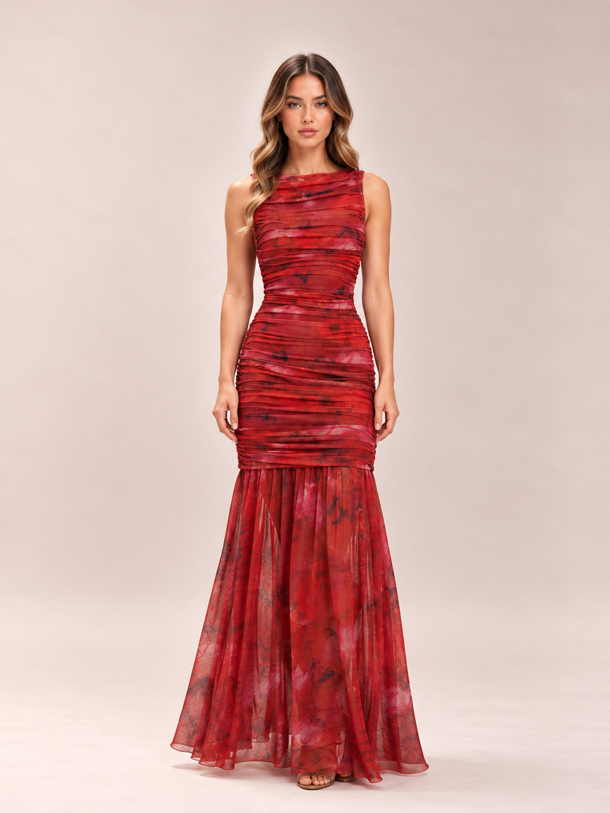 Red Floral Ruched Maxi Dress