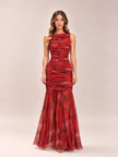 Red Floral Ruched Maxi Dress