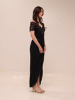 Off-Shoulder Lace Draped Midi Dress – Black