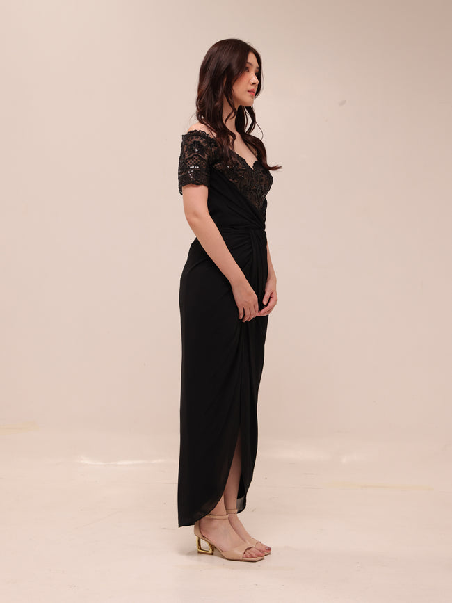 Off-Shoulder Lace Draped Midi Dress – Black