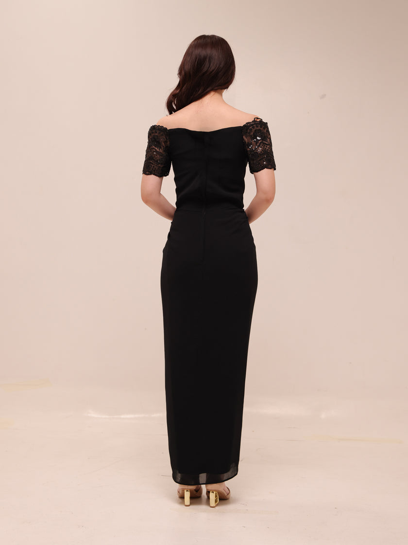 Off-Shoulder Lace Draped Midi Dress – Black