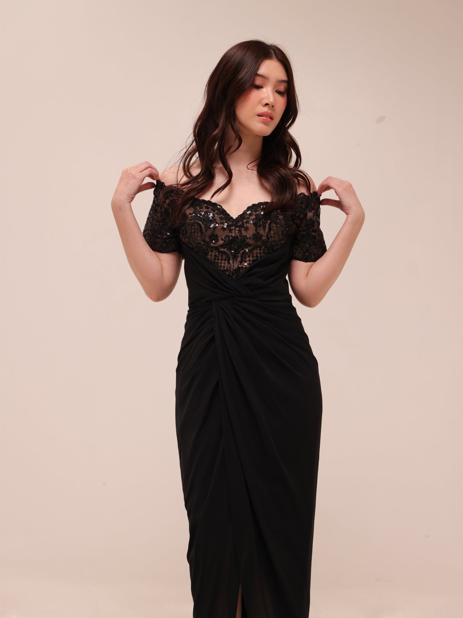 Off-Shoulder Lace Draped Midi Dress – Black