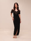 Off-Shoulder Lace Draped Midi Dress – Black