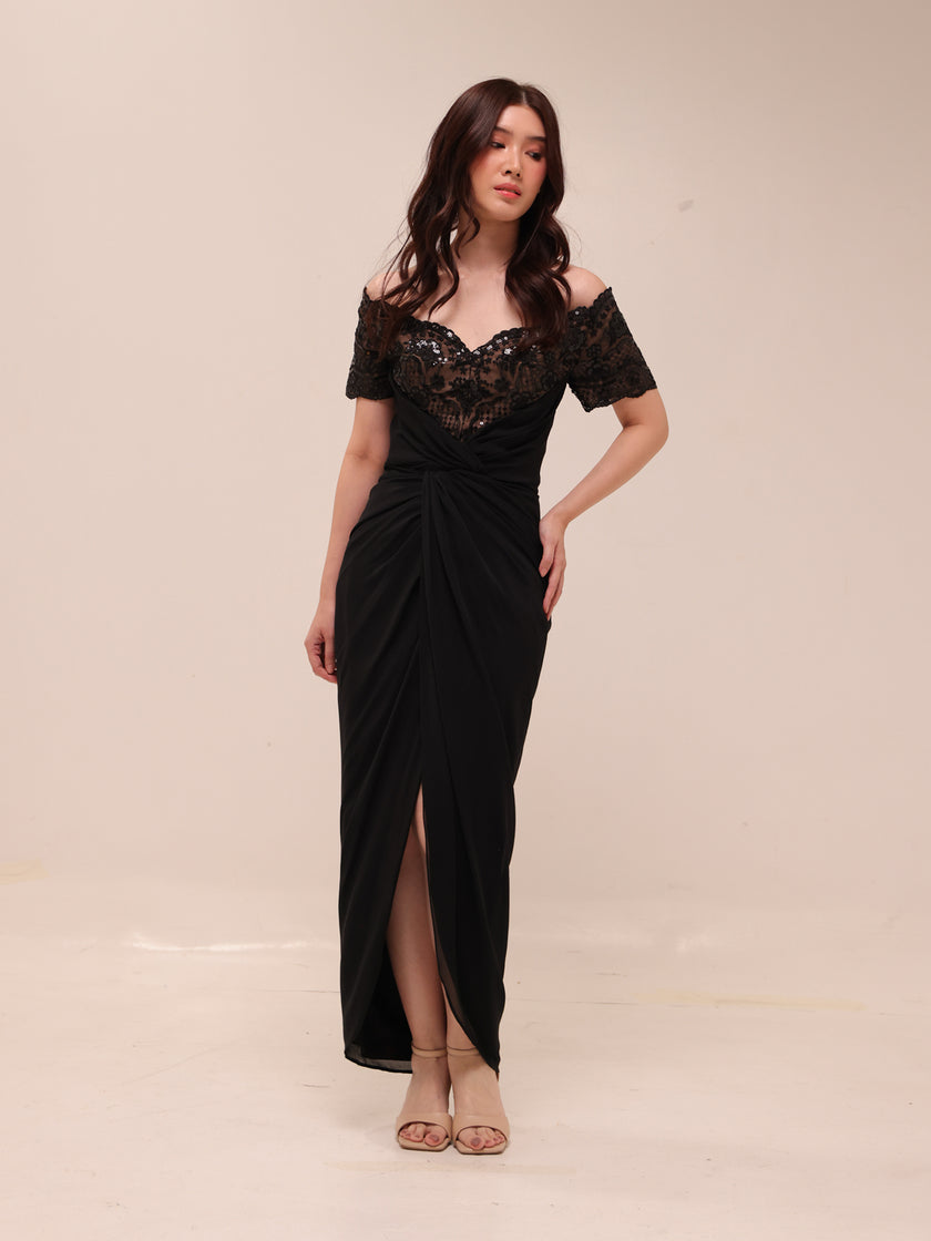 Off-Shoulder Lace Draped Midi Dress – Black