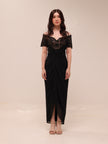Off-Shoulder Lace Draped Midi Dress – Black