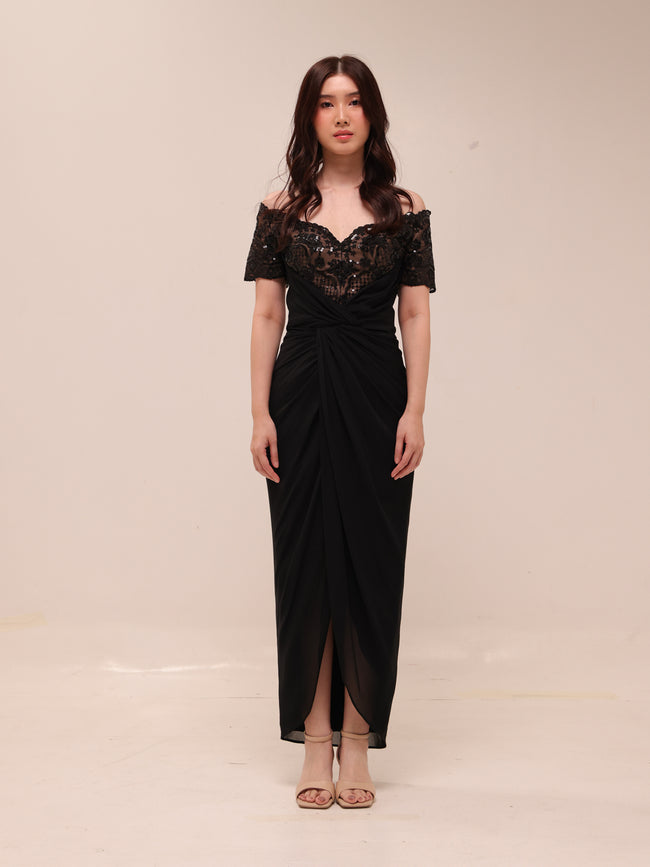 Off-Shoulder Lace Draped Midi Dress – Black