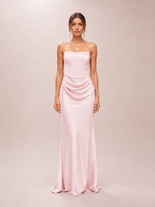 Isra Petite Drape Strapless Maxi in Barely Pink