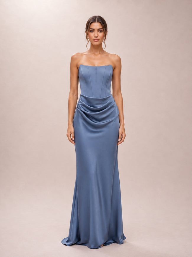 Isra Petite Drape Strapless Maxi in Dove Blue