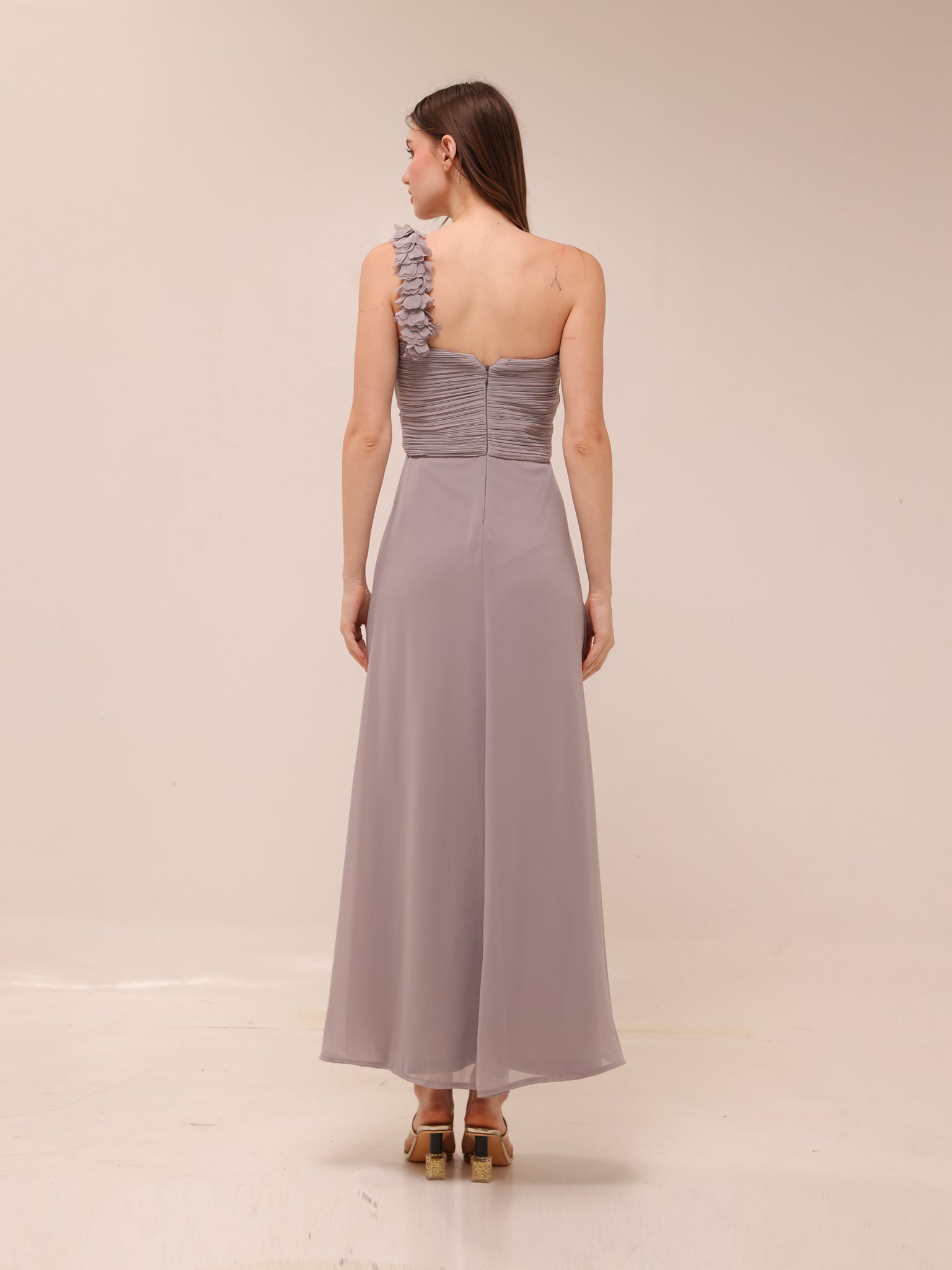 One-Shoulder Pleated Gown