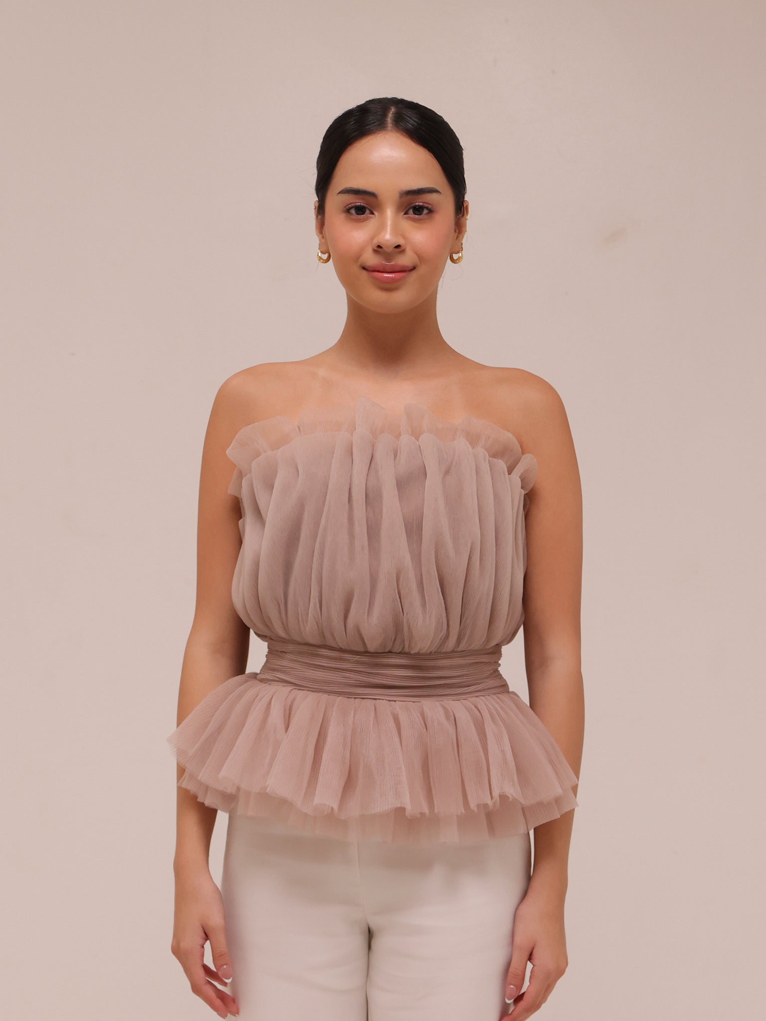 Strapless Tulle Banded Top in Taupe