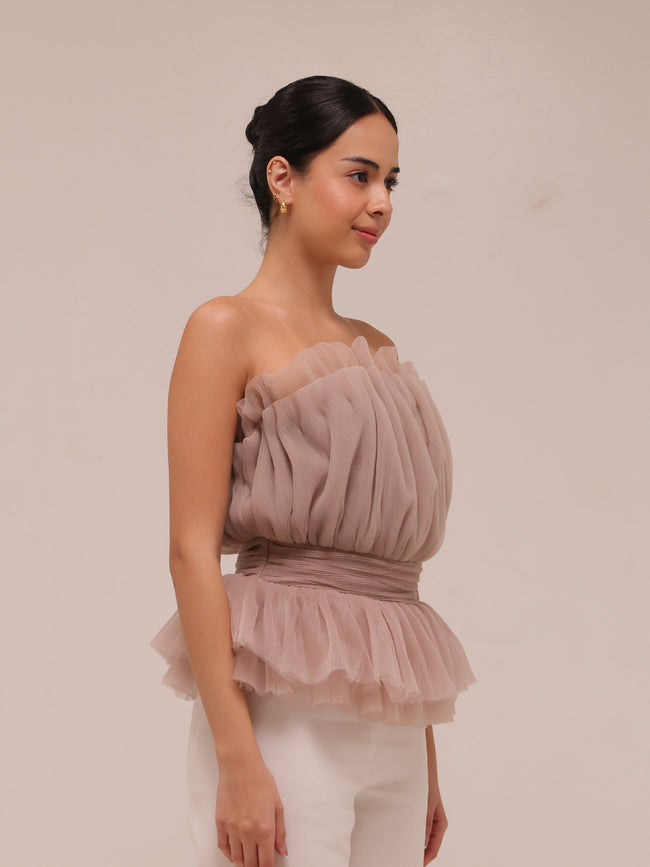 Strapless Tulle Banded Top in Taupe