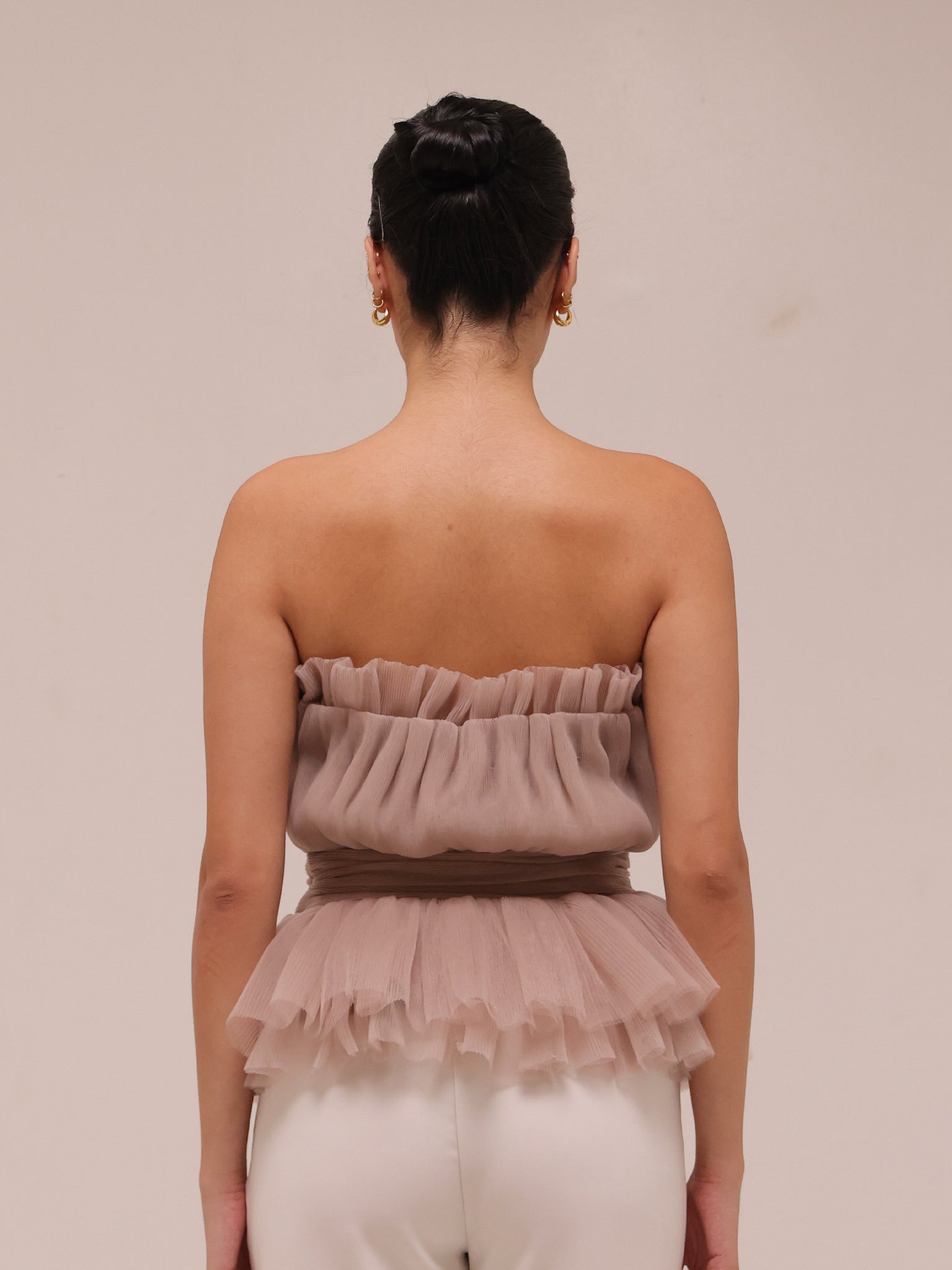Strapless Tulle Banded Top in Taupe