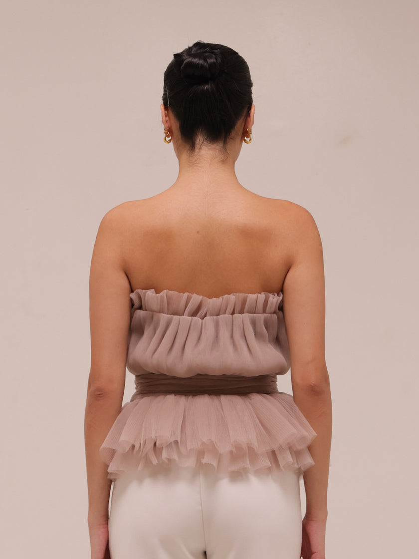 Strapless Tulle Banded Top in Taupe