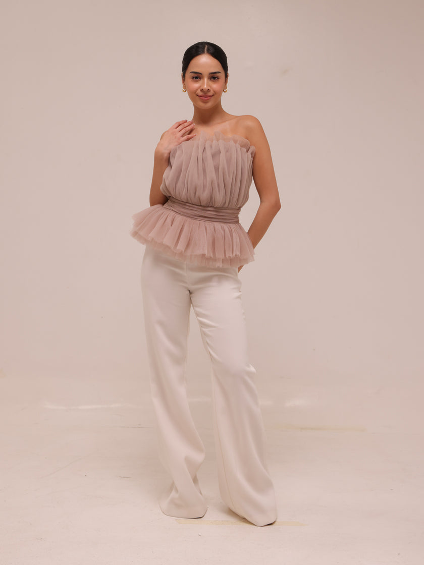 Strapless Tulle Banded Top in Taupe