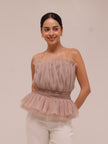 Strapless Tulle Banded Top in Taupe