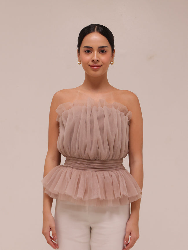 Strapless Tulle Banded Top in Taupe
