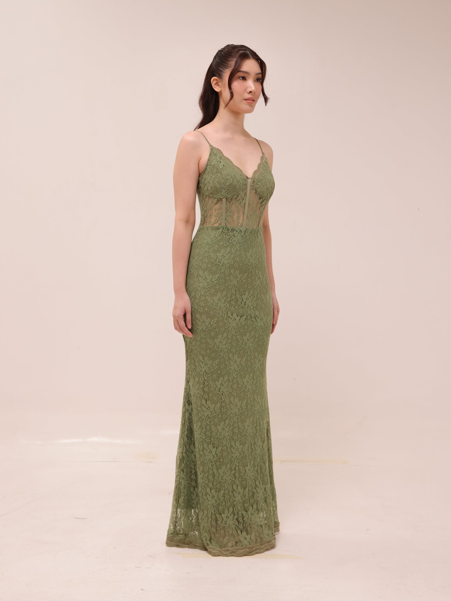Olive Lace Corset Maxi Dress