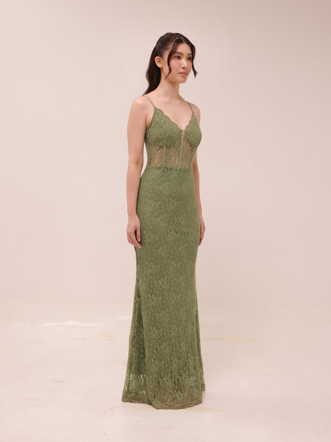 Olive Lace Corset Maxi Dress