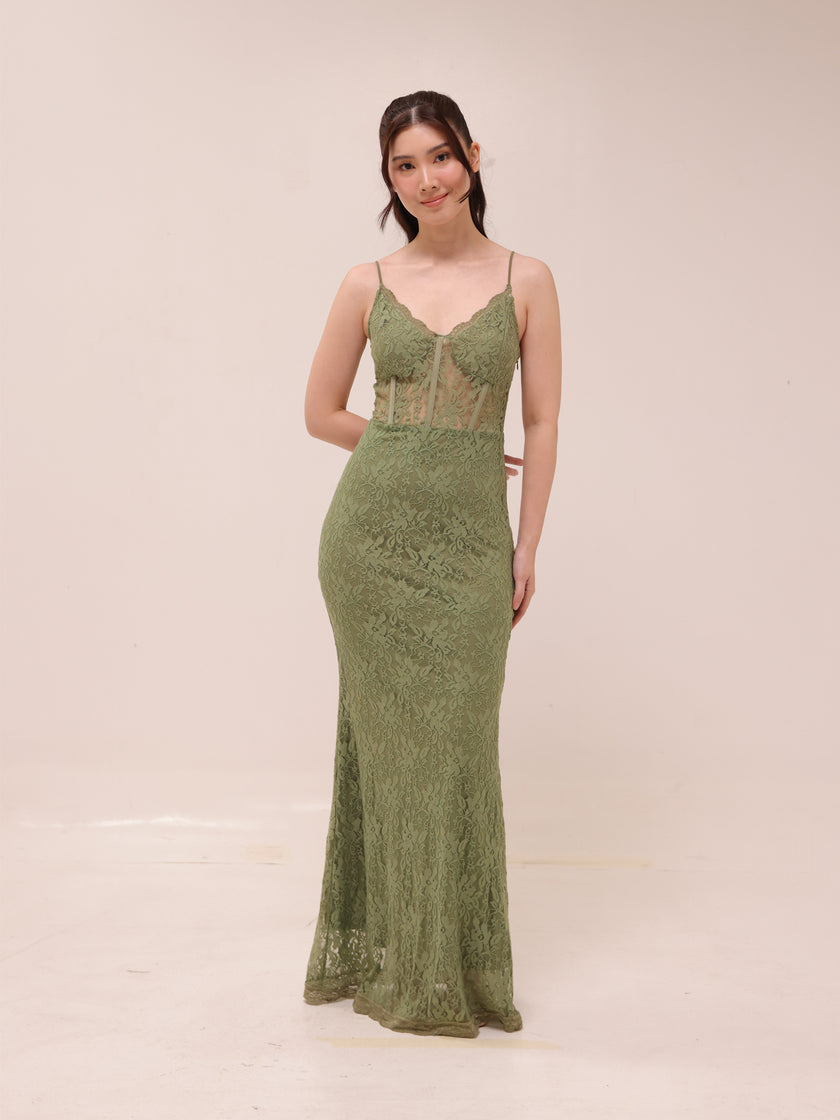 Olive Lace Corset Maxi Dress
