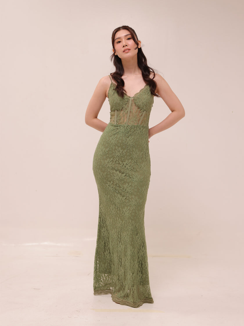 Olive Lace Corset Maxi Dress