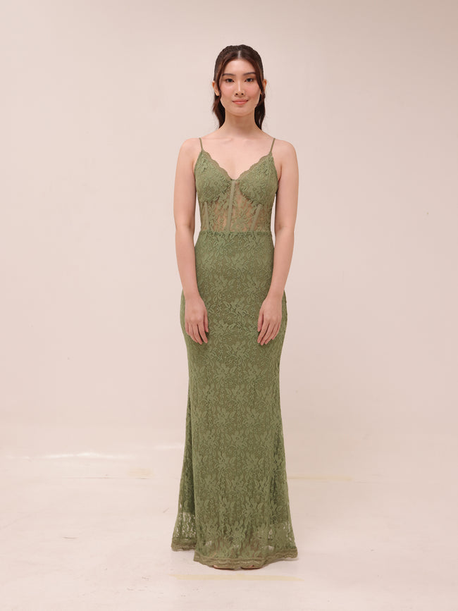 Olive Lace Corset Maxi Dress