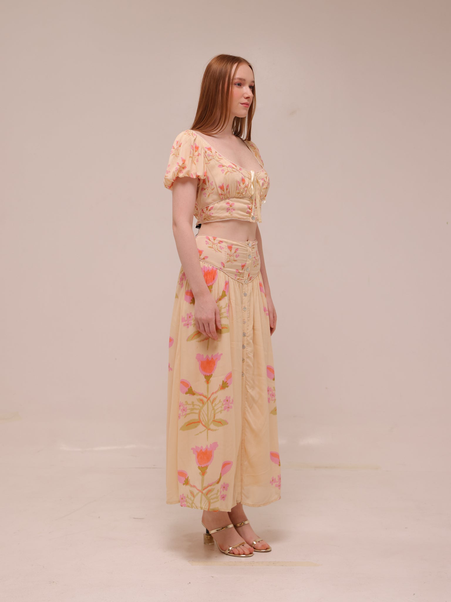 Cream and Pink Smocked Maxi Skirt