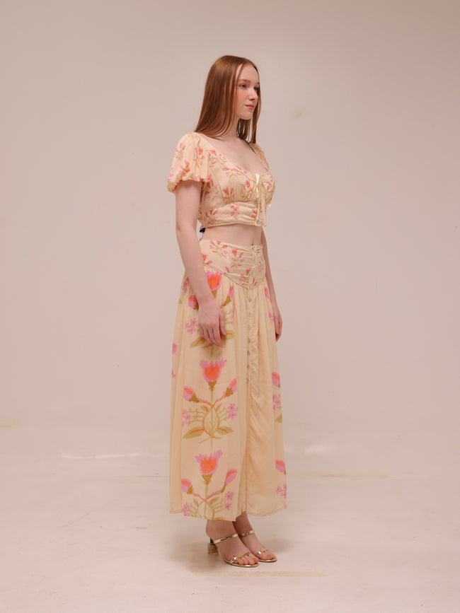 Cream and Pink Smocked Maxi Skirt
