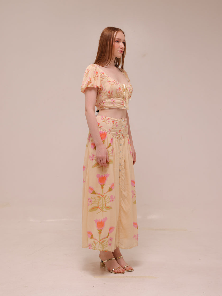 Cream and Pink Smocked Maxi Skirt