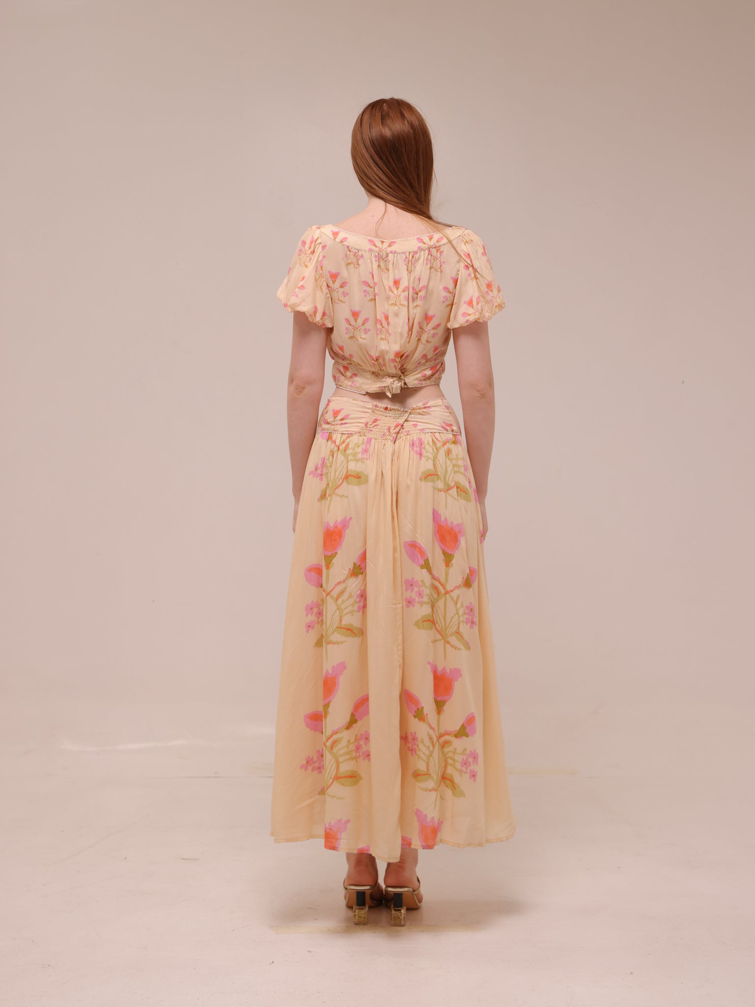 Cream and Pink Smocked Maxi Skirt