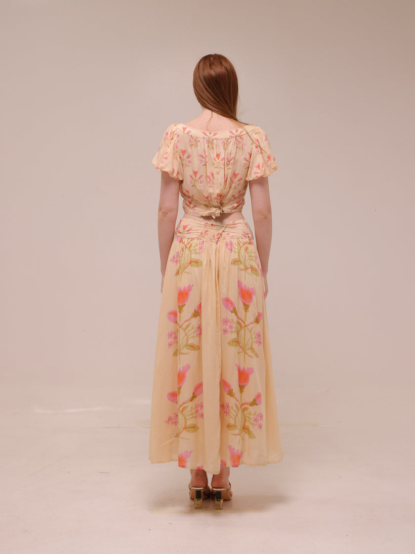 Cream and Pink Smocked Maxi Skirt