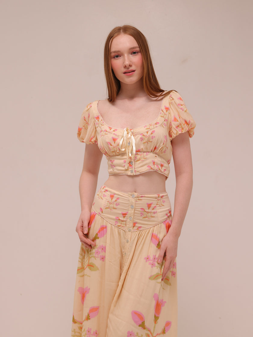 Cream and Pink Smocked Maxi Skirt